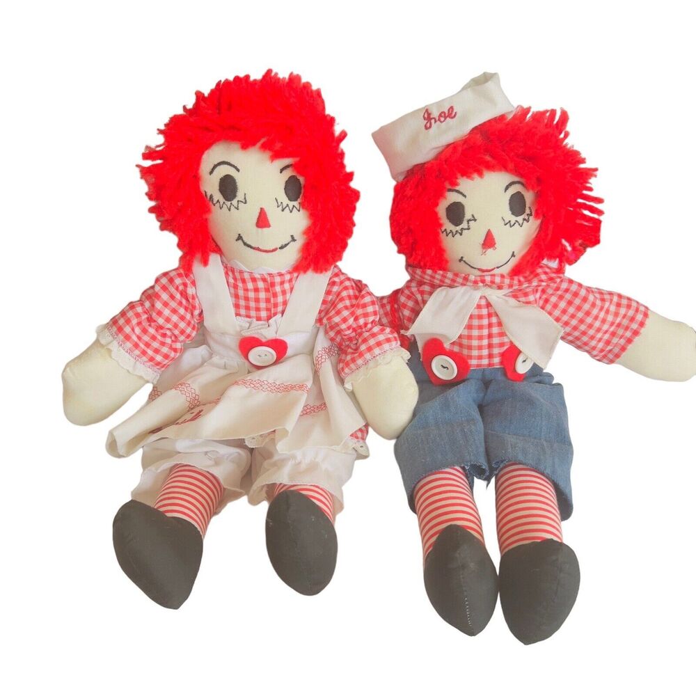 VTG 1991 Custom Made 16" Raggedy Ann & Andy‎ Dolls Embroidered Face Red Yarn